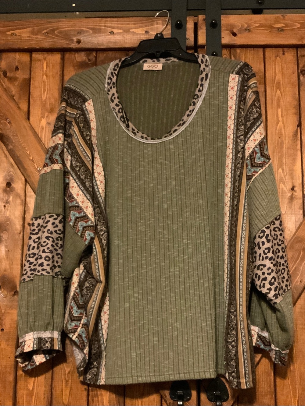 GIGO Olive Green Mixed-Print Ribbed Pullover Blouse